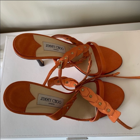 Jimmy Choo Orange & Brass Rivet Lace Sandals - Picture 5 of 8